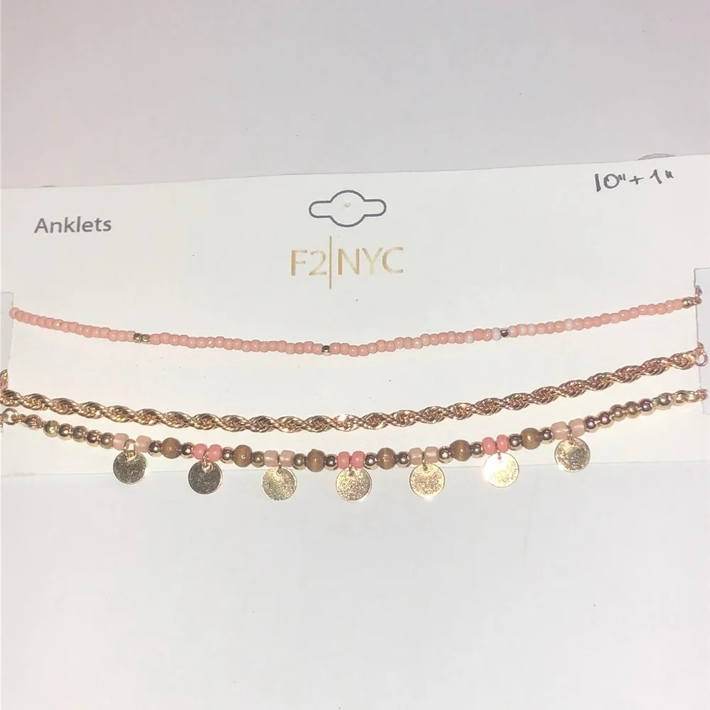 3 Gold Tone Pink Beaded Boho Ankle Bracelets